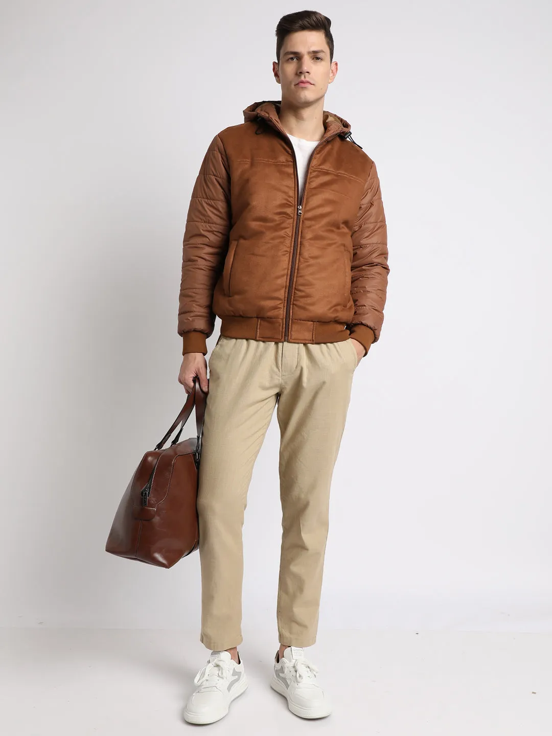 Men's Hooded Regular Fit Suede Solid Tan Jackets