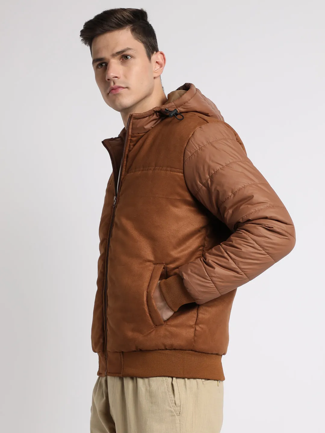 Men's Hooded Regular Fit Suede Solid Tan Jackets