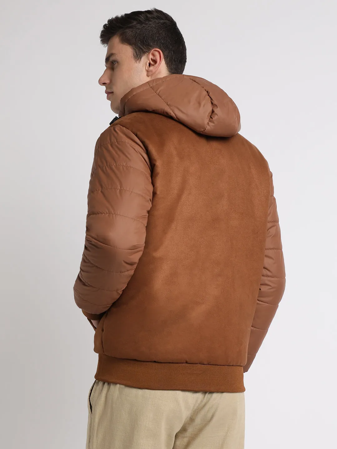 Men's Hooded Regular Fit Suede Solid Tan Jackets