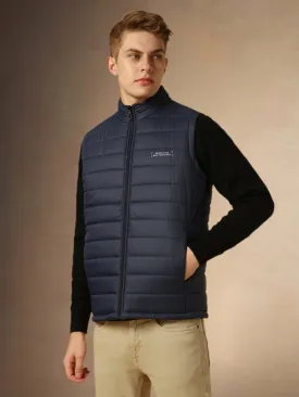 Men's Navy Mock Neck Sleeveless Regular Fit Reversible Padded Jacket