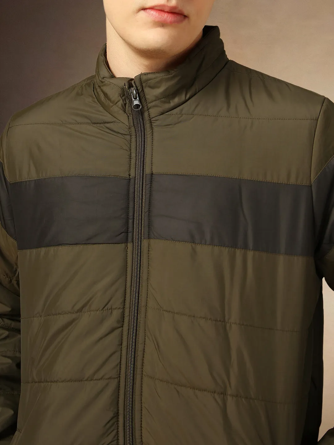 Men's Olive Colorblocked Mock Collar Full Sleeves Jacket