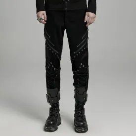 Men's Punk Strappy Faux Leather Splice Zipper Pants