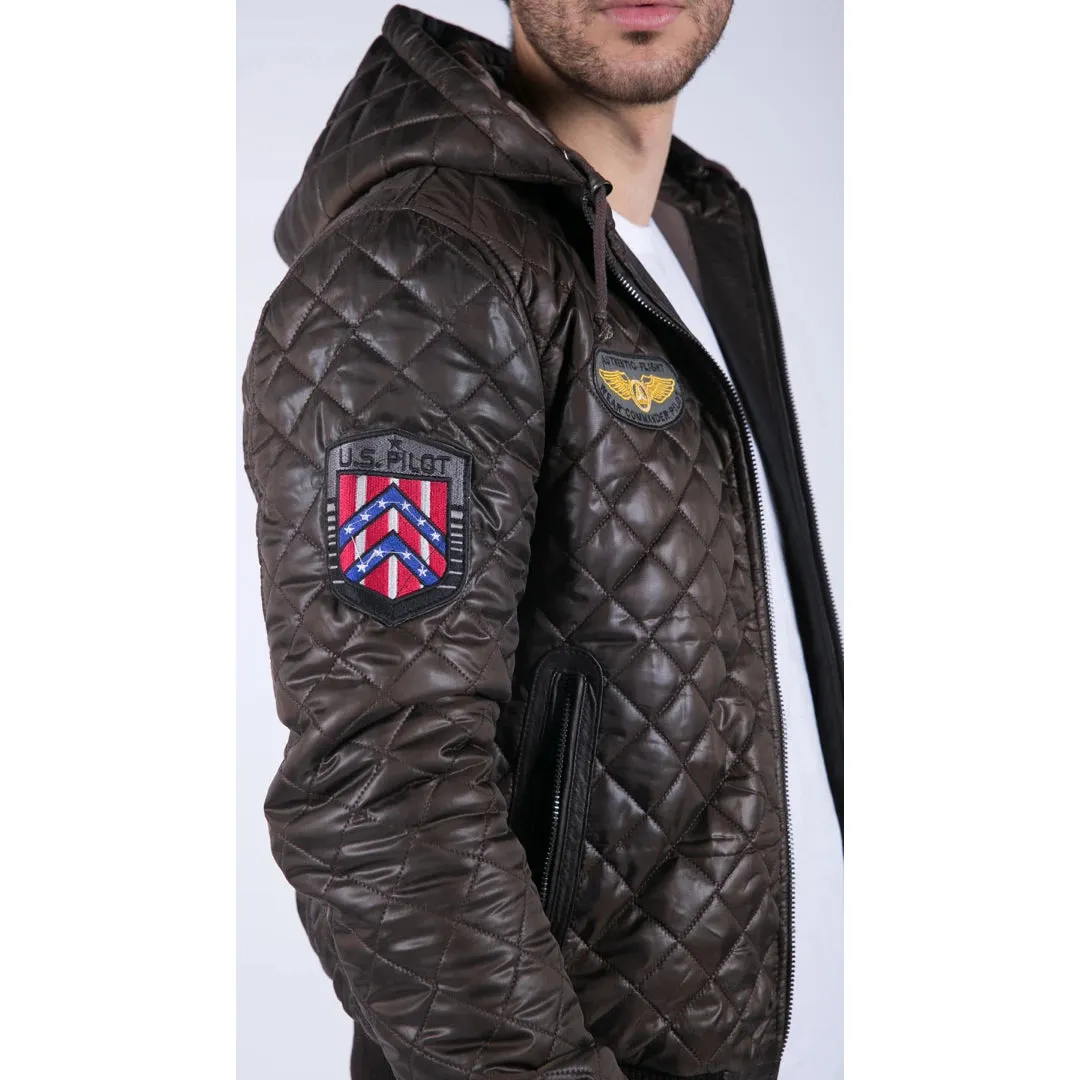 Men's Quilted Hooded Puffer Jacket Brown Badge Bomber Pilot Air Force