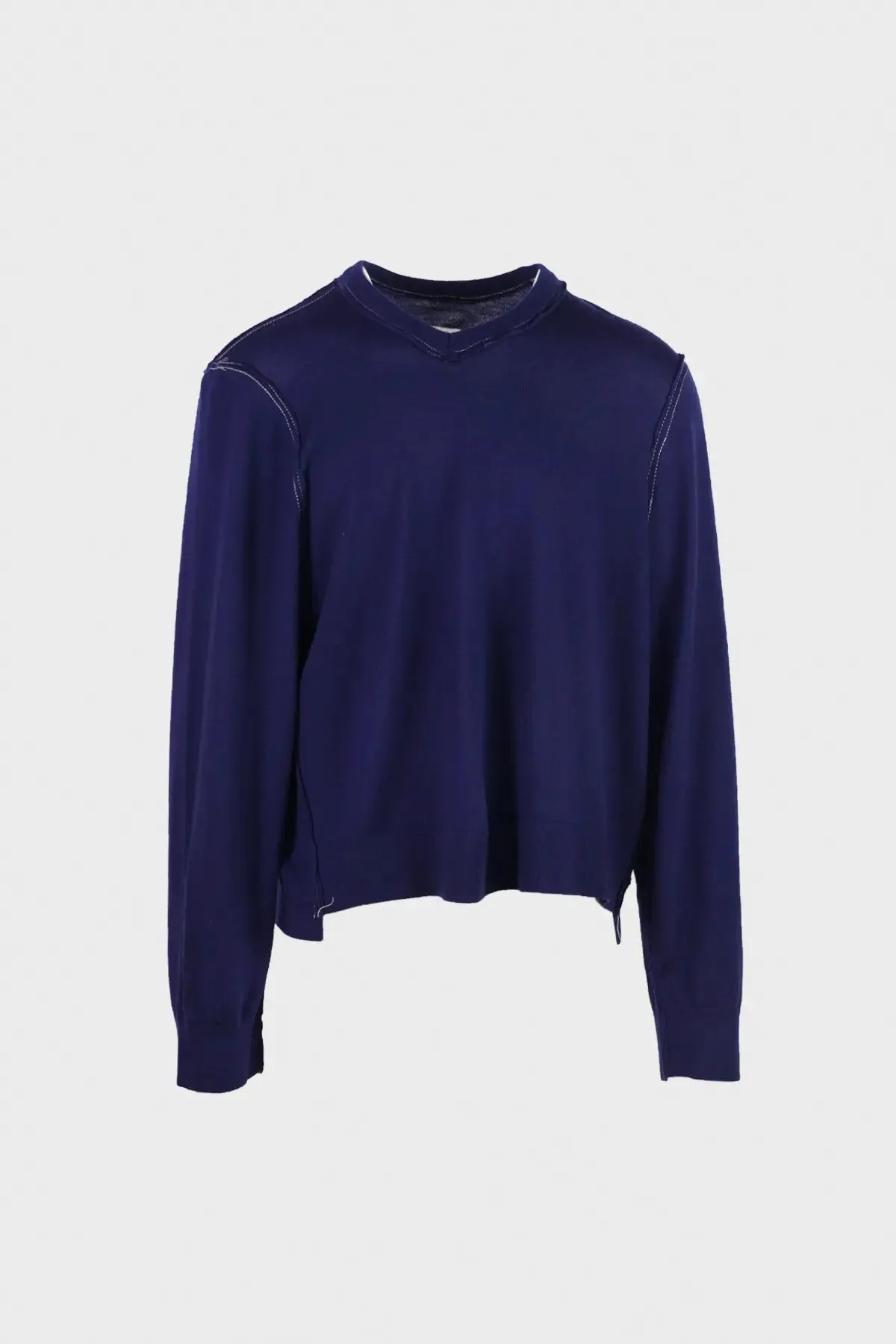 Merino Wool Knit Frankenstein V-Neck - Navy