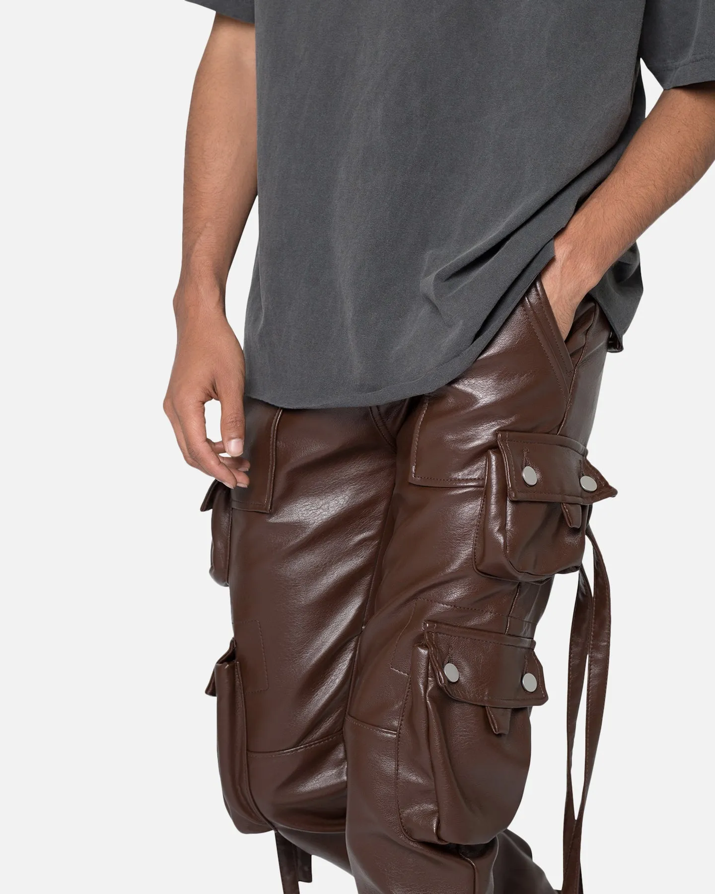 MNML D152 Leather Cargo Pants Brown