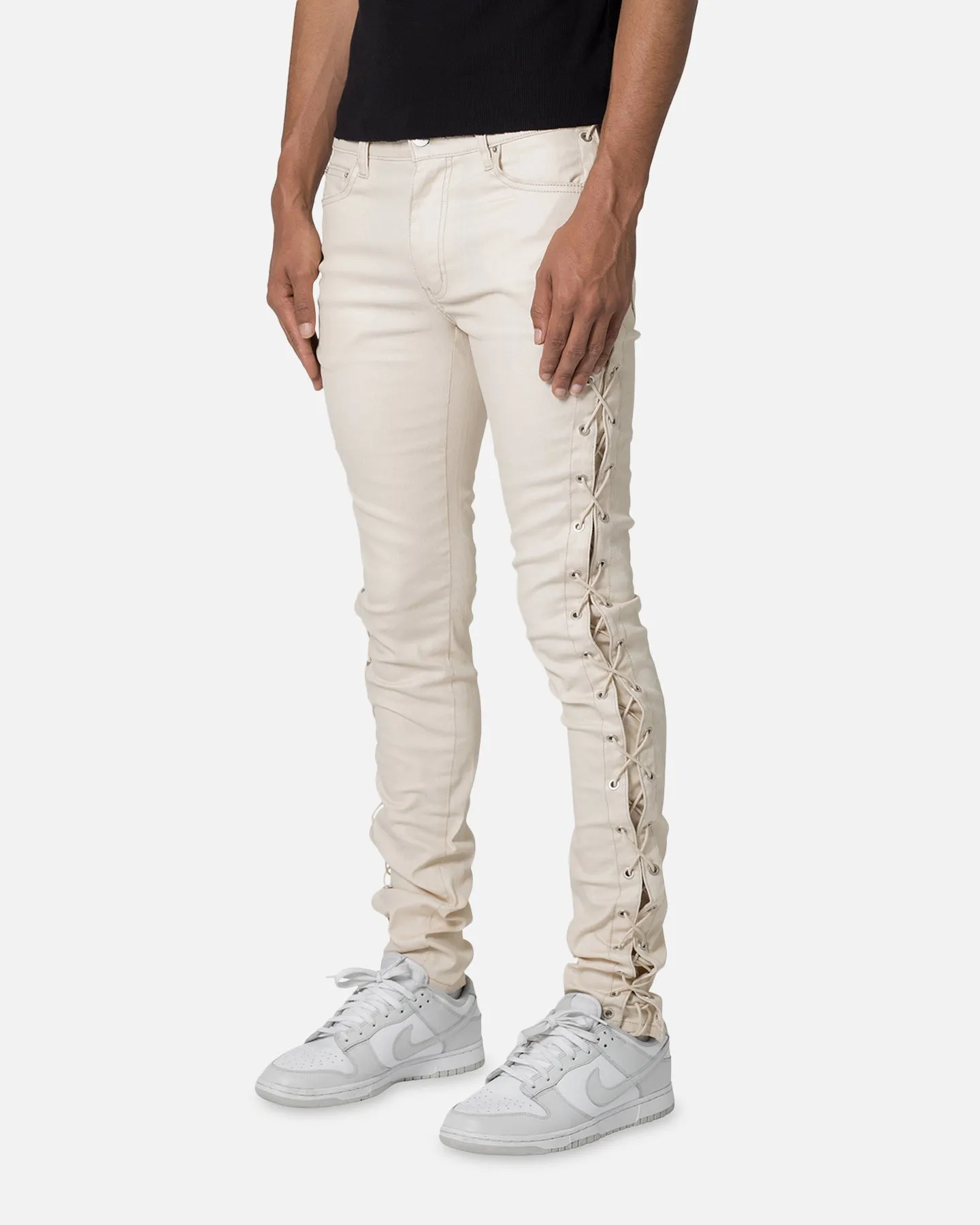 MNML X566 Skinny Leather Lace-Up Pants Cream