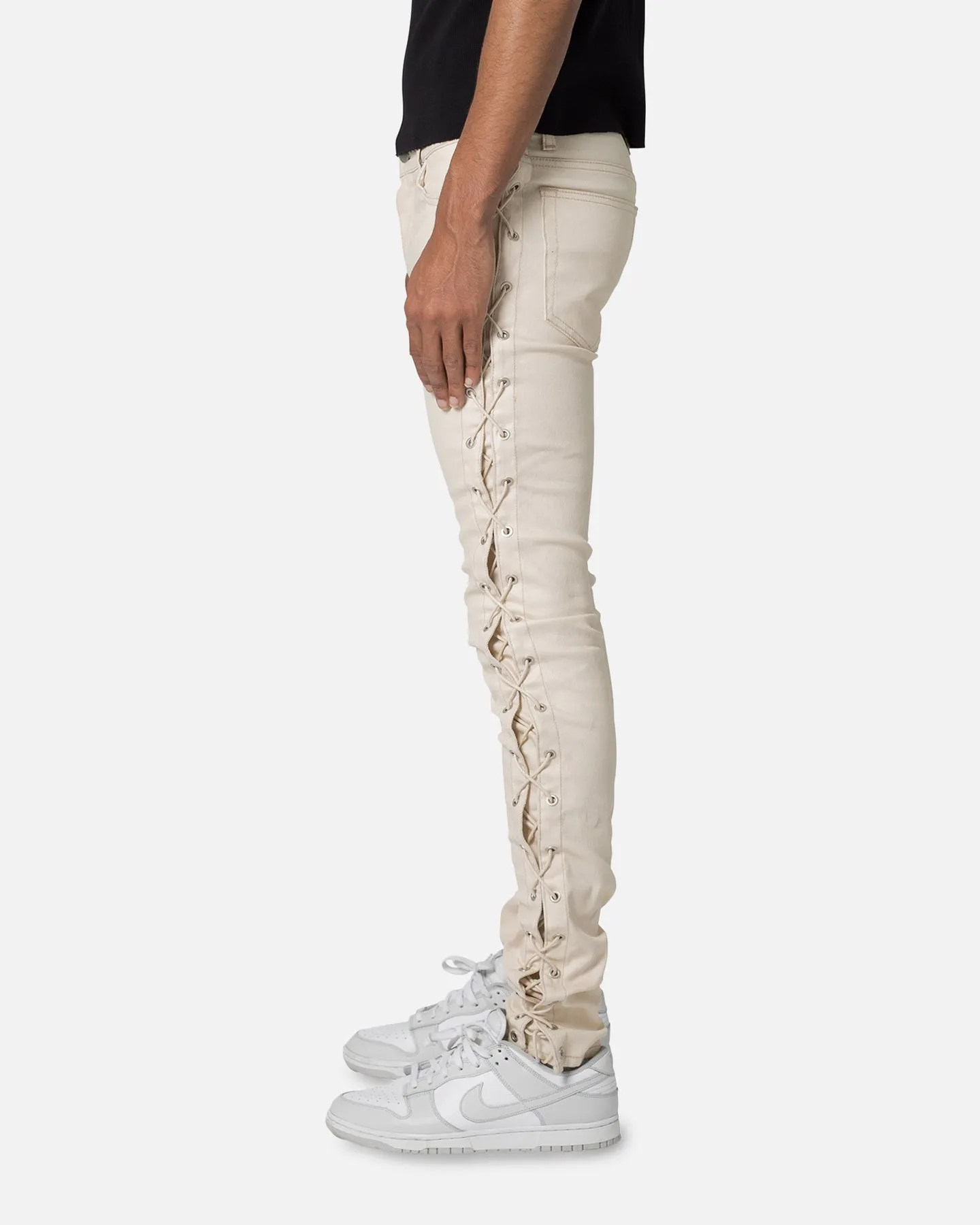 MNML X566 Skinny Leather Lace-Up Pants Cream