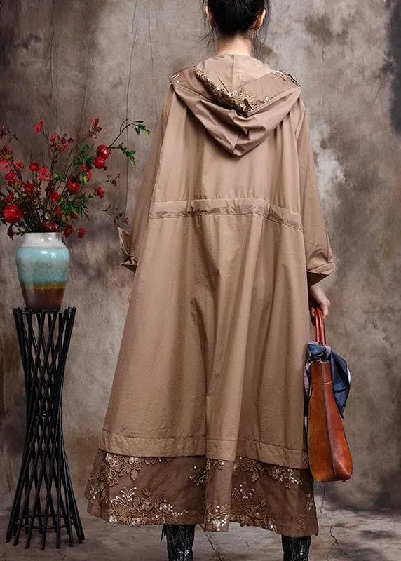 Modern Hooded Plus Size Coat For Woman Khaki Embroidery Trench Coat