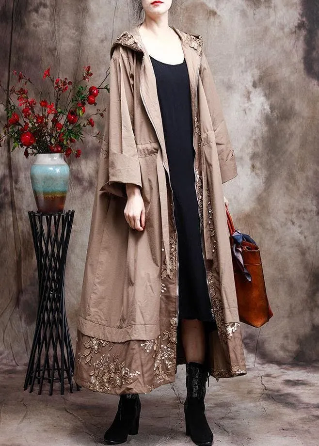 Modern Hooded Plus Size Coat For Woman Khaki Embroidery Trench Coat