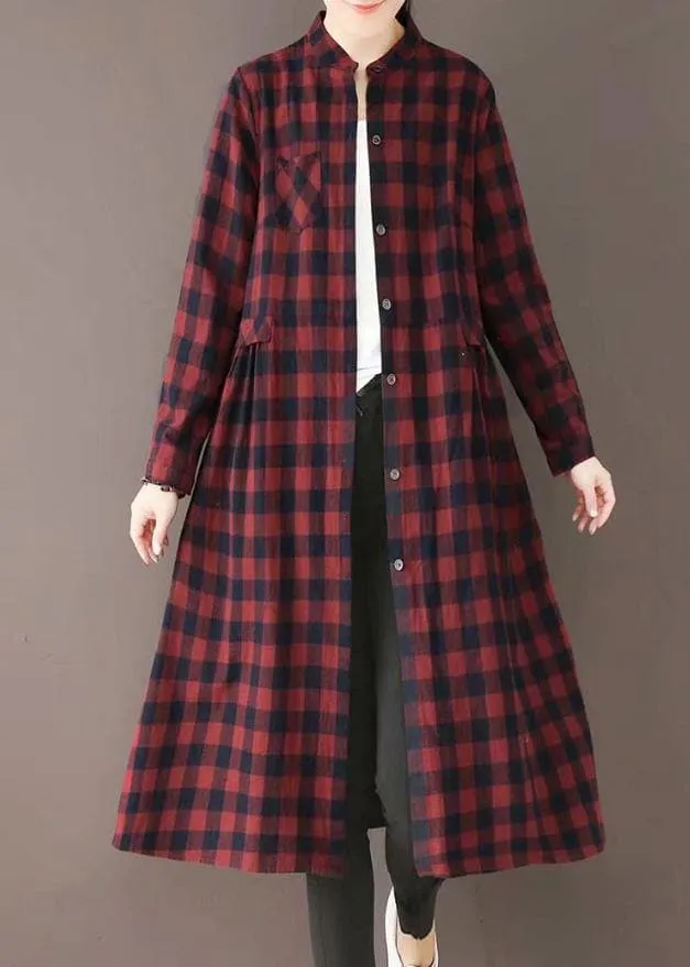 Natural Burgundy Plaid Quilting Dresses Stand Collar Pockets Long Spring Dresses