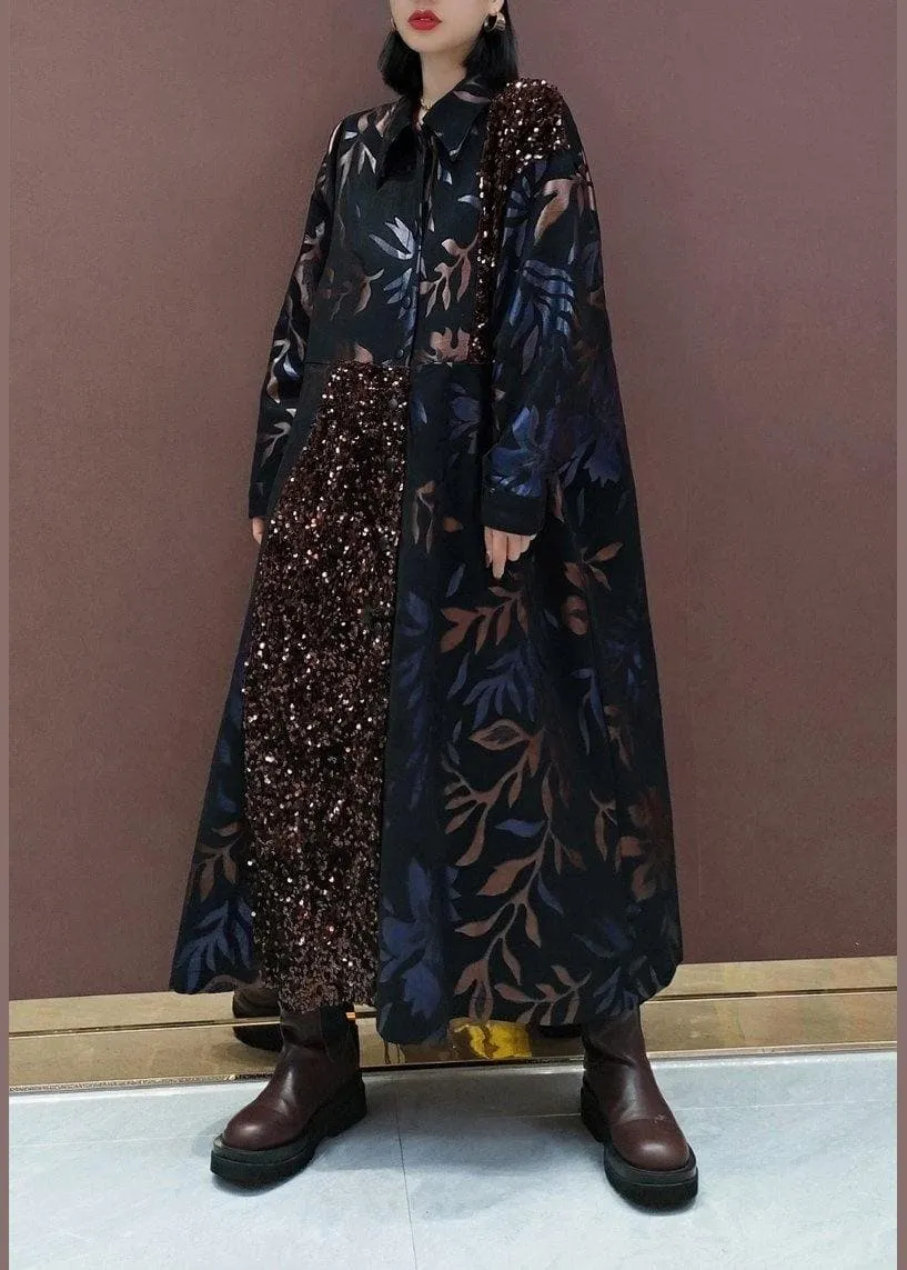 Natural Lapel Patchwork Spring Clothes Fashion Ideas Black Sequined Maxi Dress