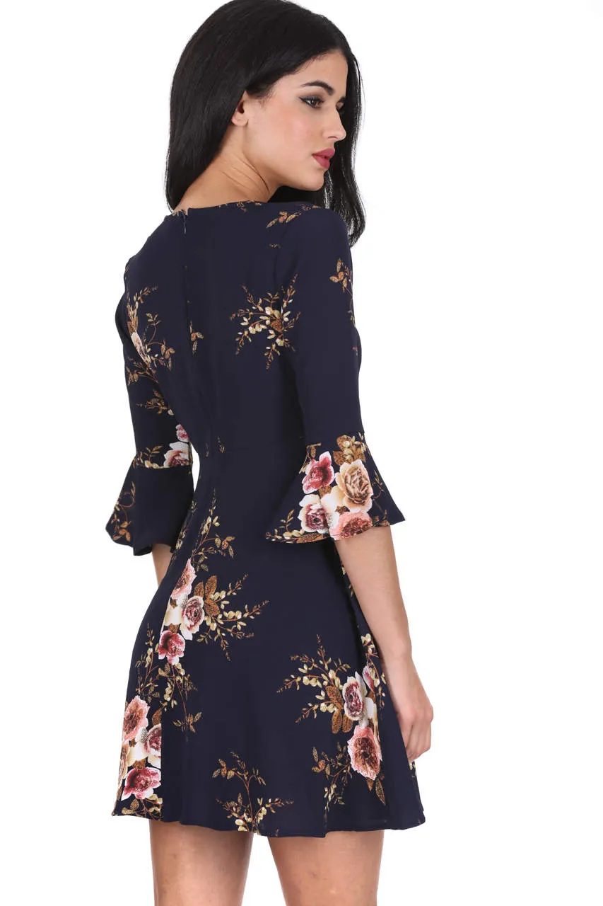 Navy Floral Print Wrap Over Skater Dress