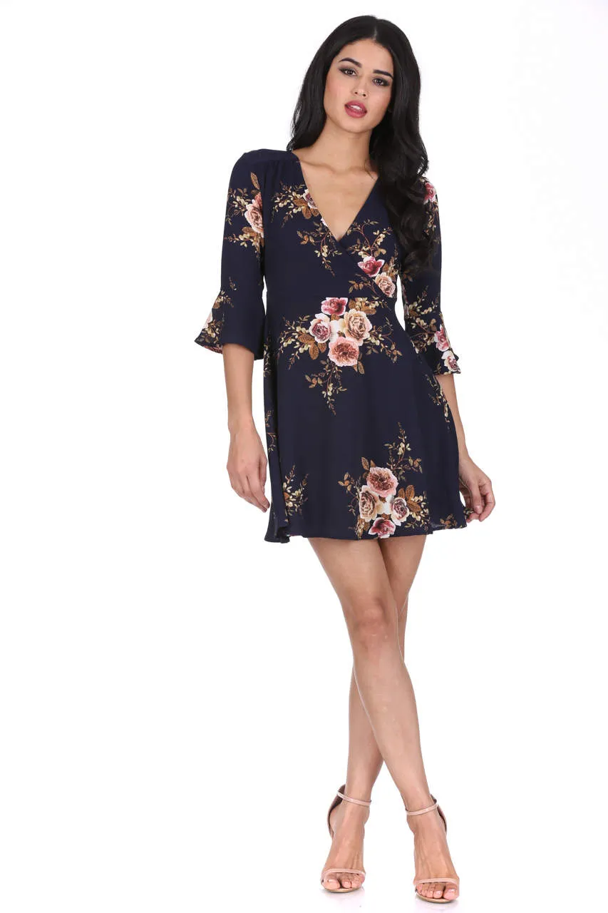 Navy Floral Print Wrap Over Skater Dress