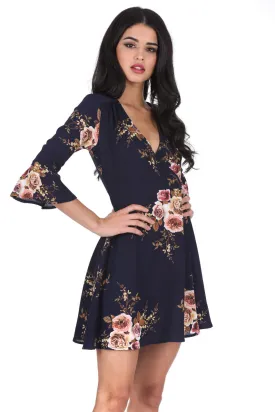 Navy Floral Print Wrap Over Skater Dress