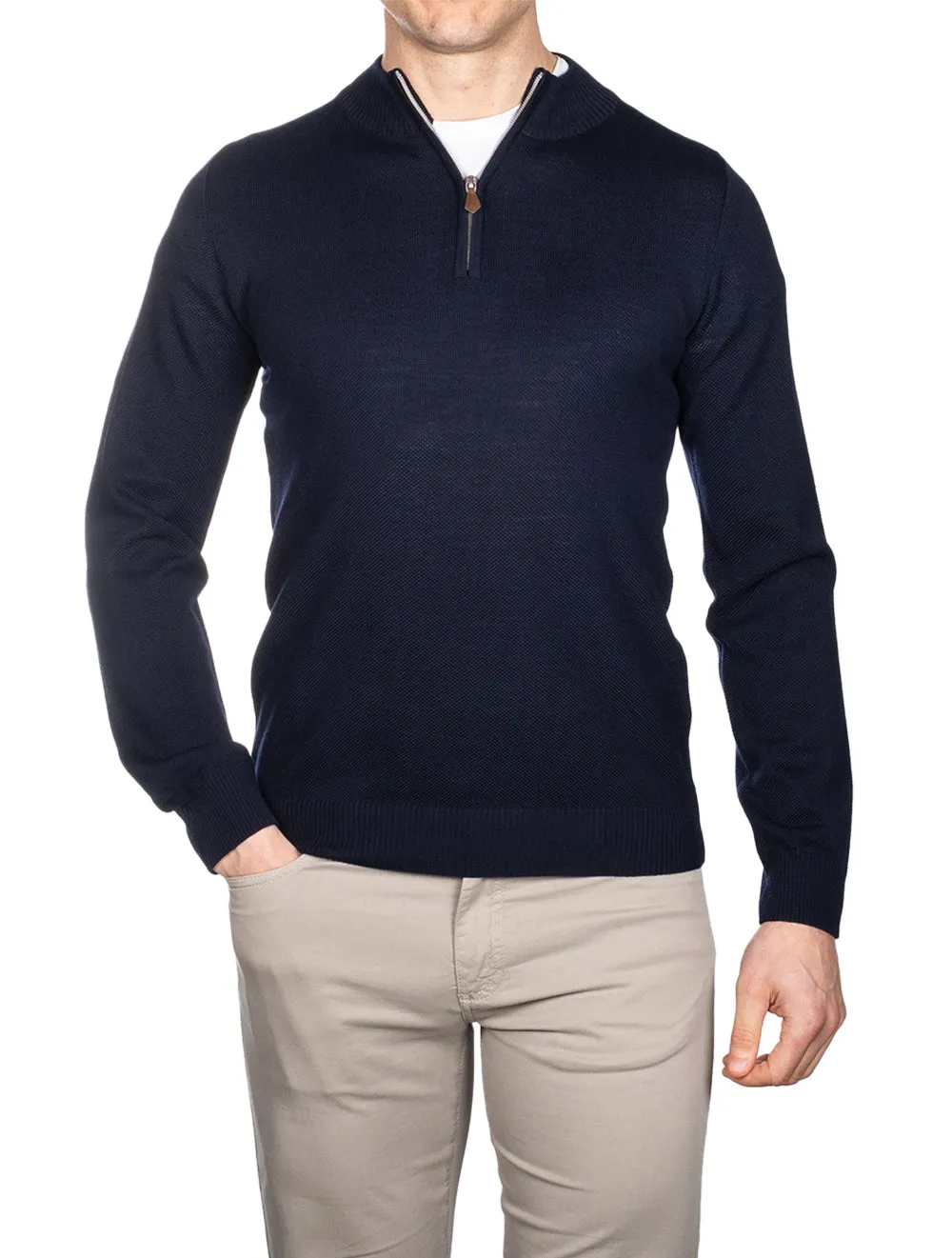 Navy Merino Wool Textured Halfzip