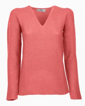 NEW FALL 24 - Women's Pure Cashmere Links Stitch V-Neck Coral Red