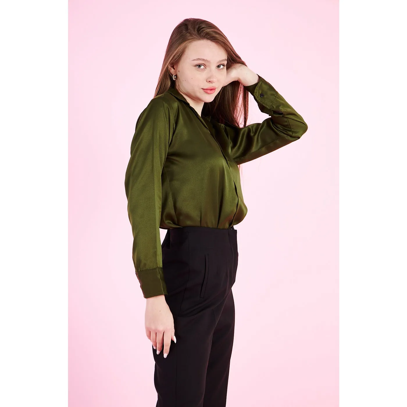 Olive Cuban Collar Satin Shirt