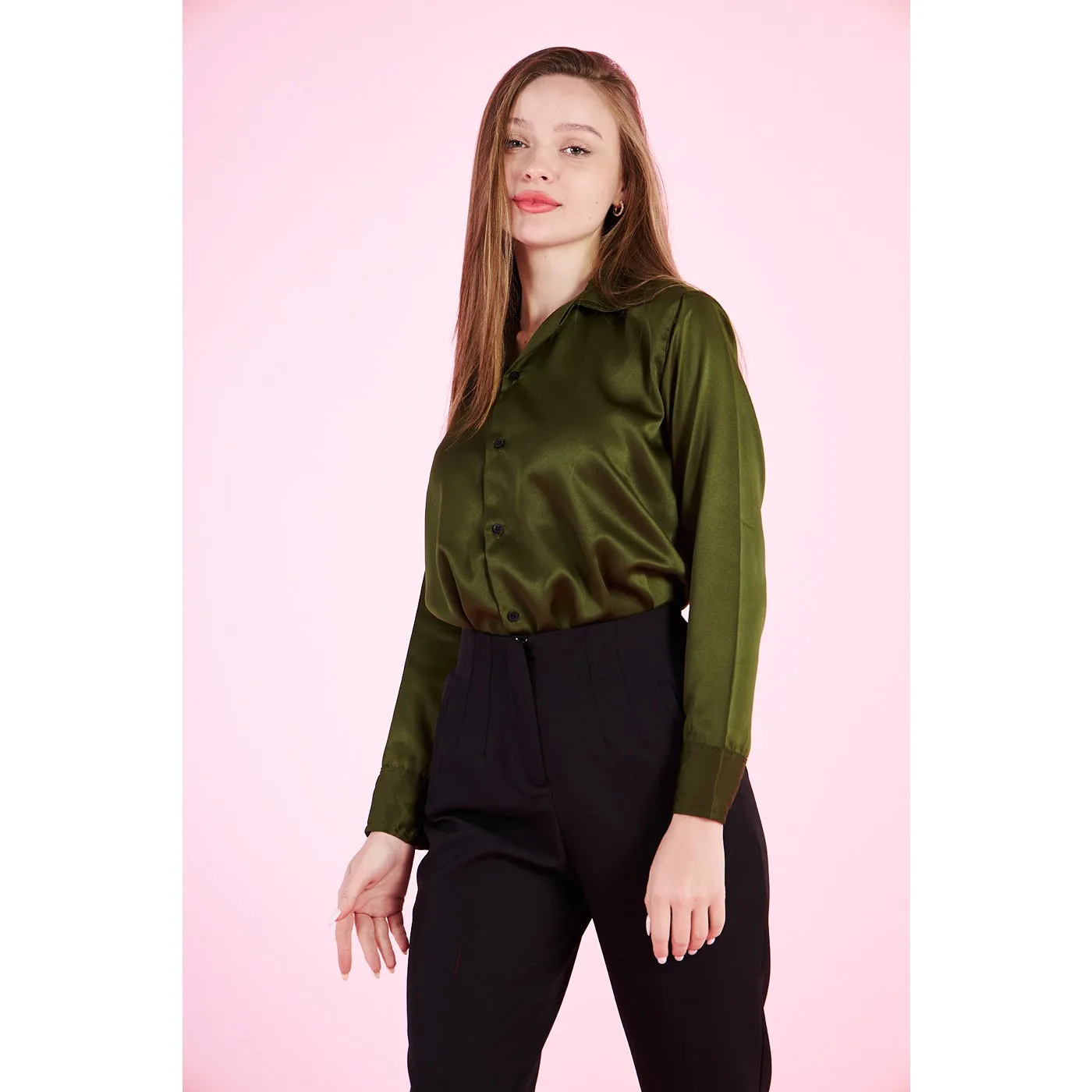 Olive Cuban Collar Satin Shirt