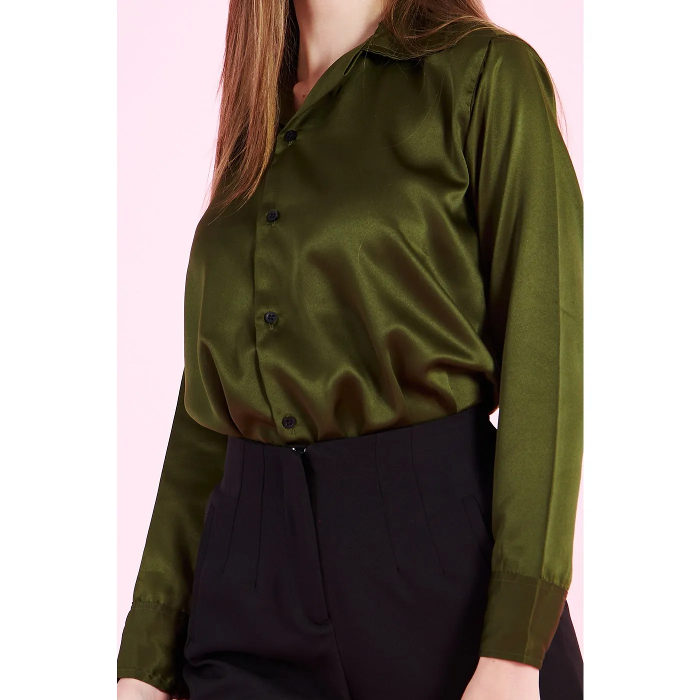 Olive Cuban Collar Satin Shirt