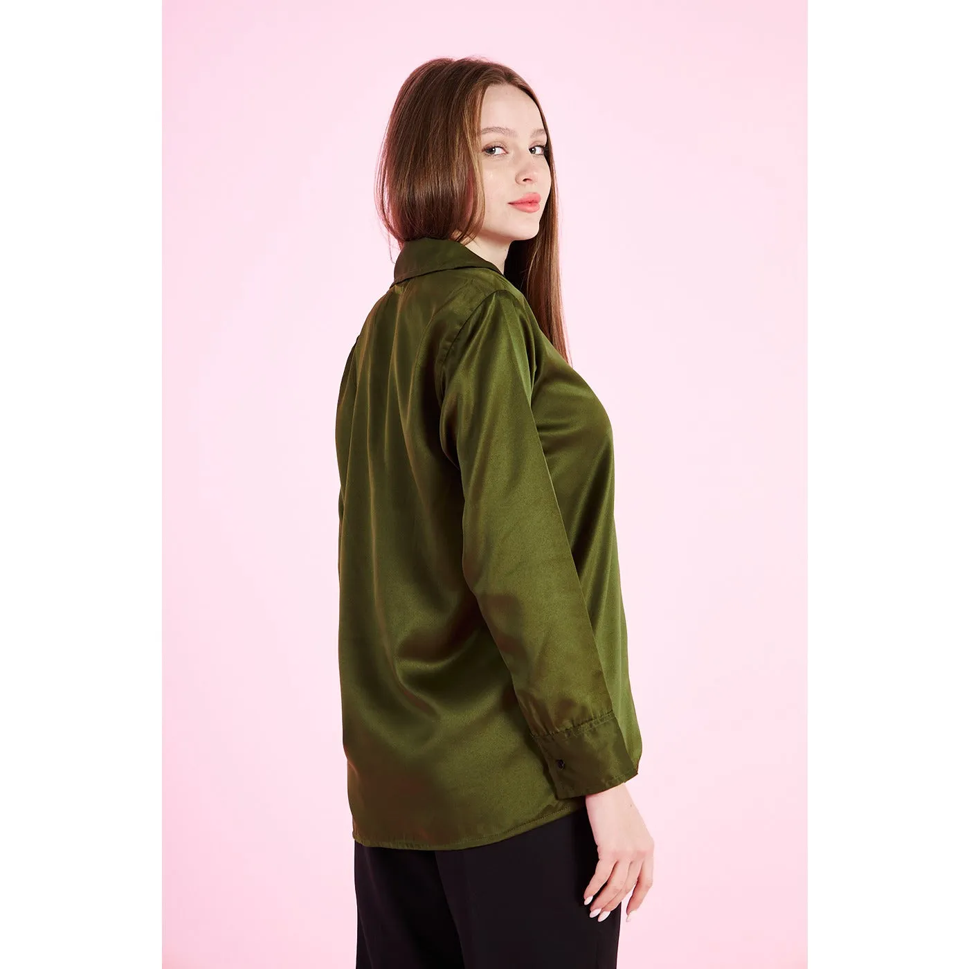 Olive Cuban Collar Satin Shirt