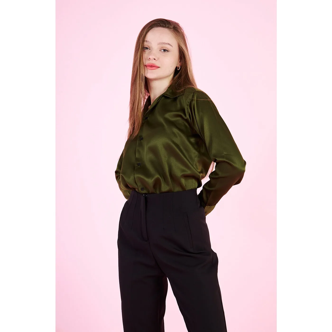 Olive Cuban Collar Satin Shirt