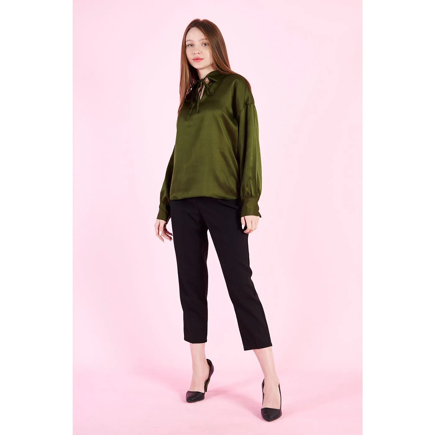 Olive Knotted Collar Satin Top