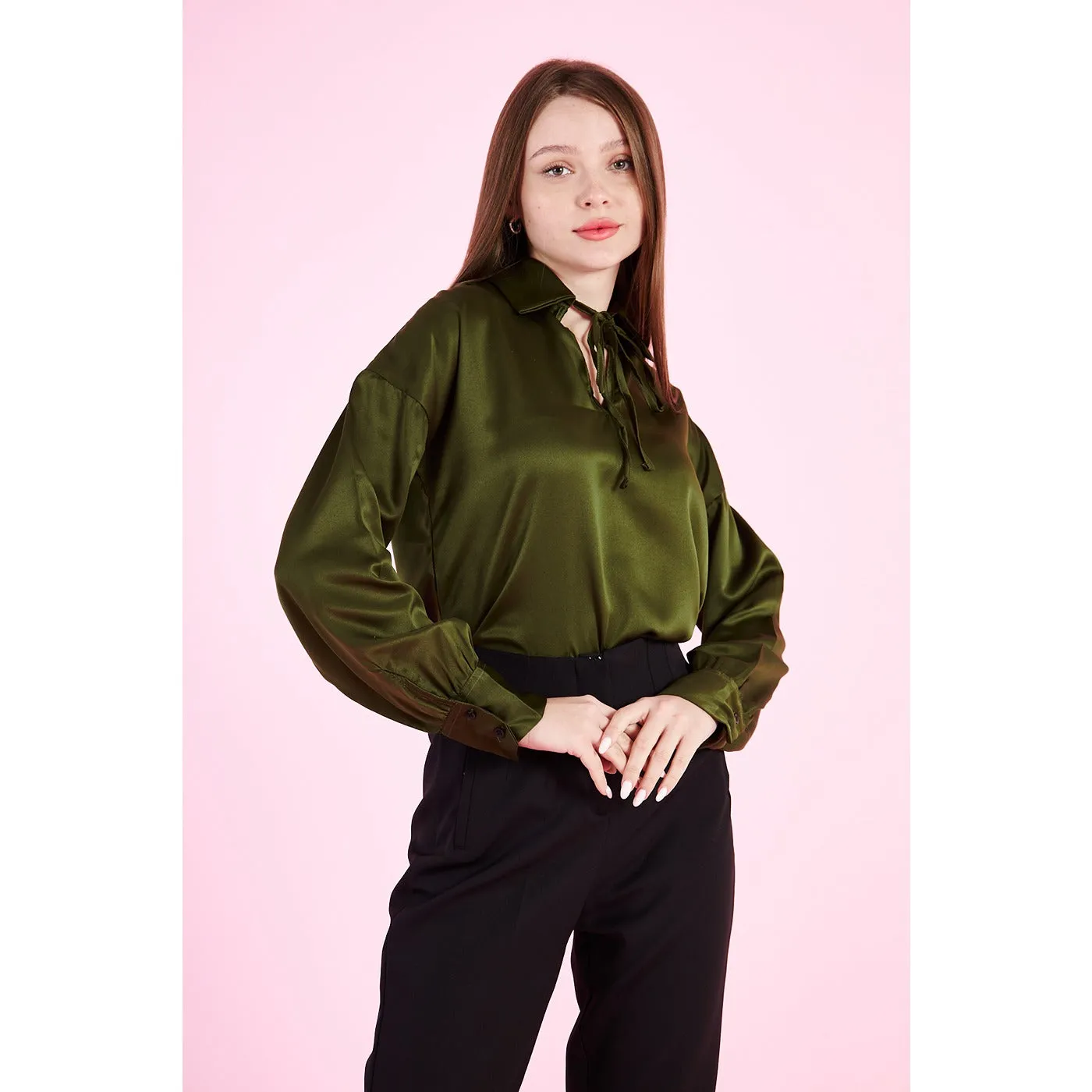 Olive Knotted Collar Satin Top