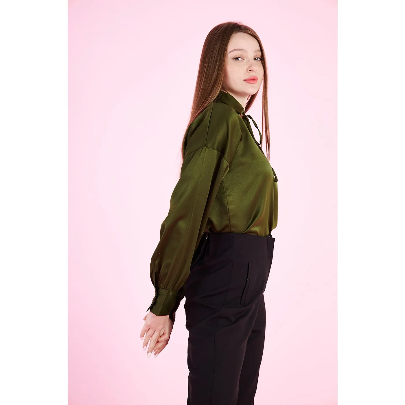 Olive Knotted Collar Satin Top