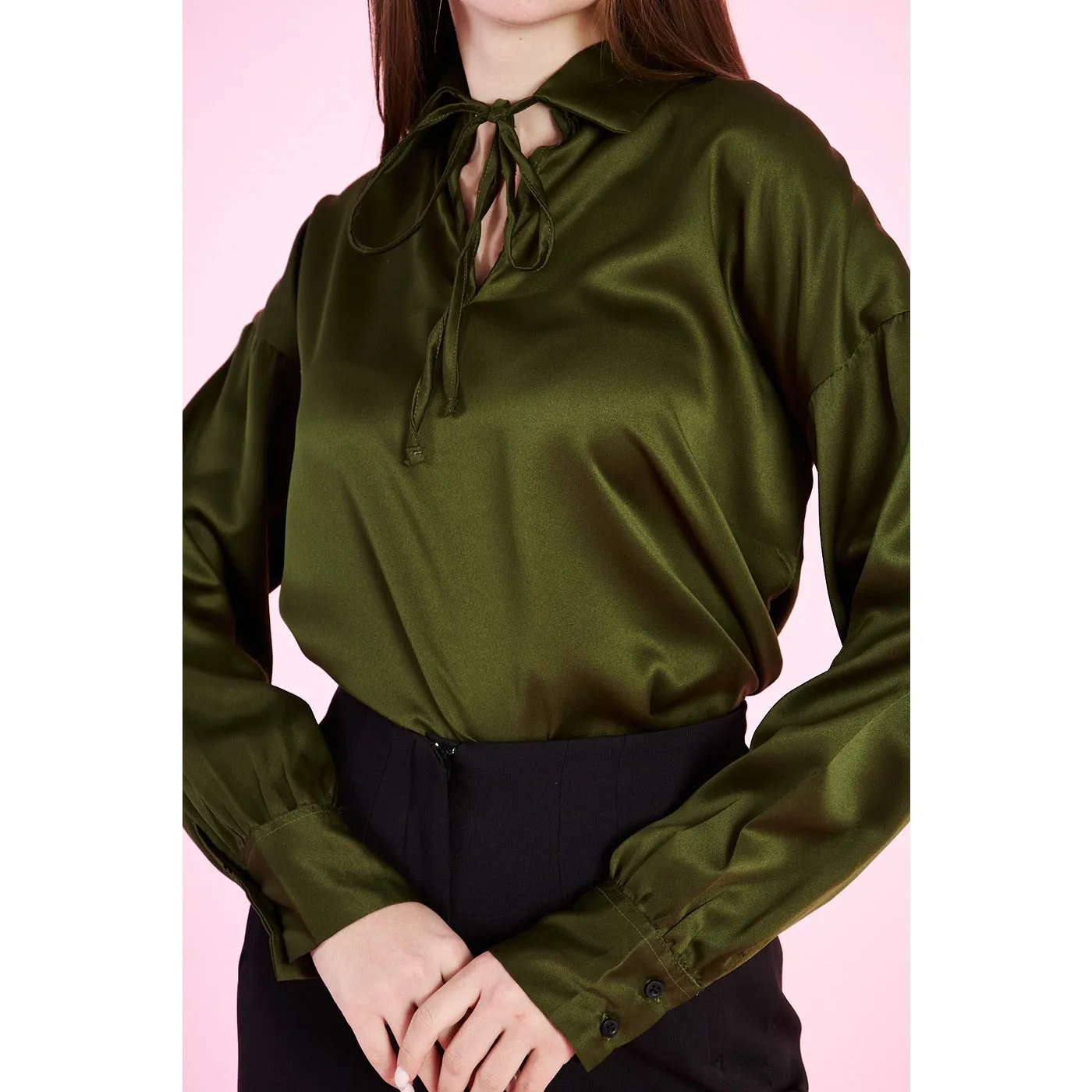 Olive Knotted Collar Satin Top