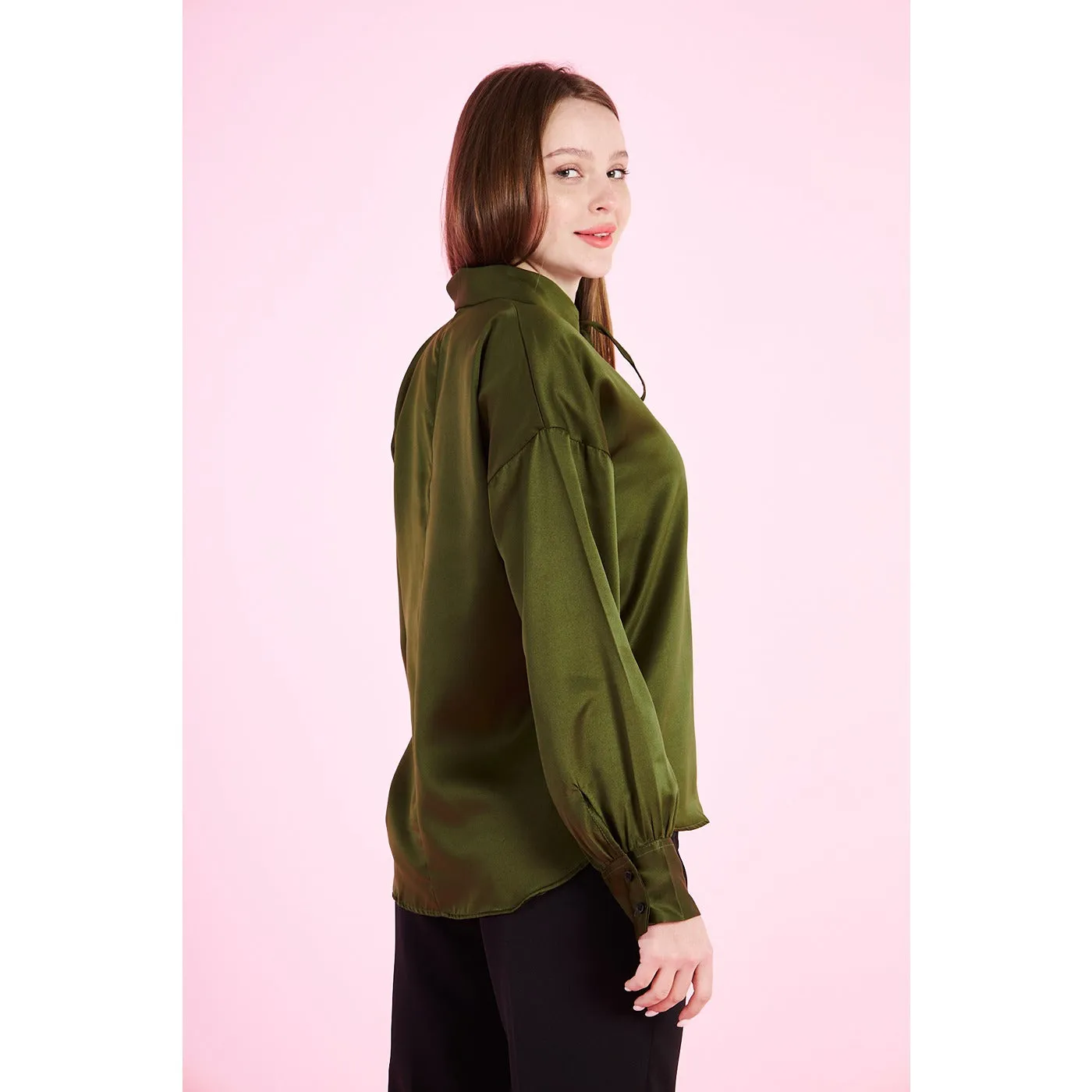 Olive Knotted Collar Satin Top