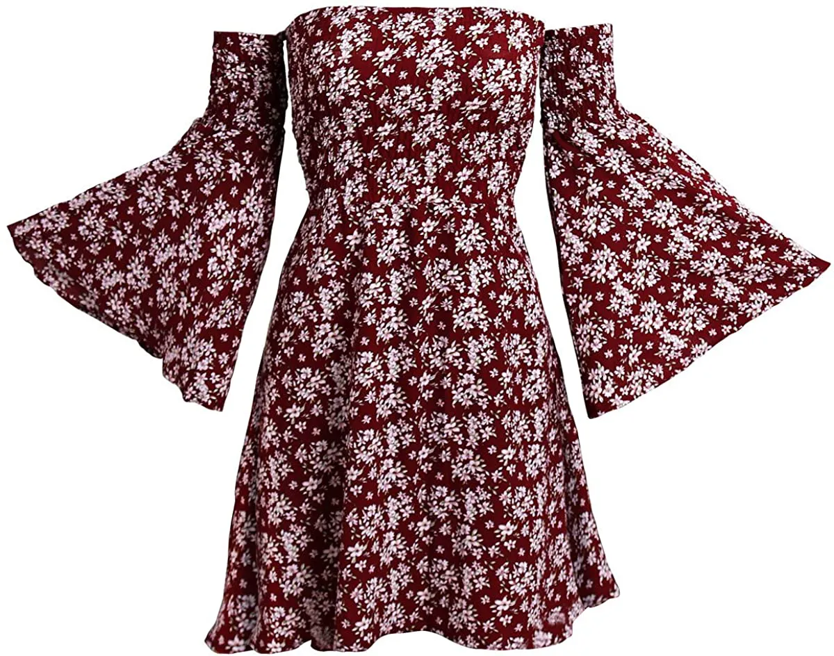 ONEYIM Women's Dress Summer Floral Long Sleeve Off Shoulder Casual Mini Dresses