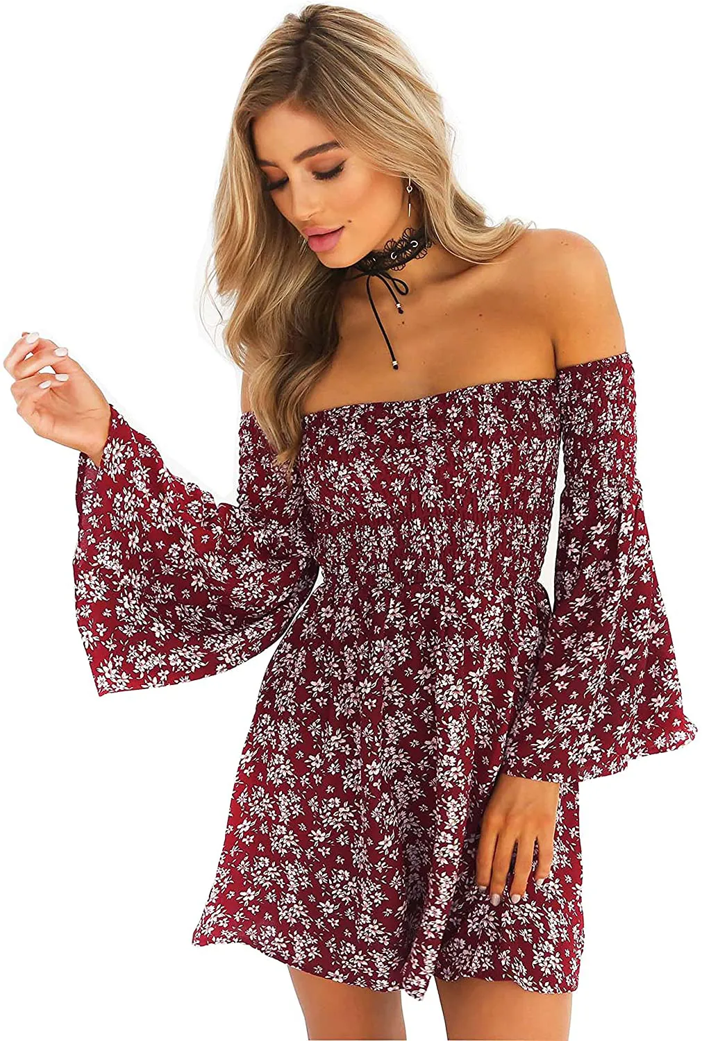 ONEYIM Women's Dress Summer Floral Long Sleeve Off Shoulder Casual Mini Dresses