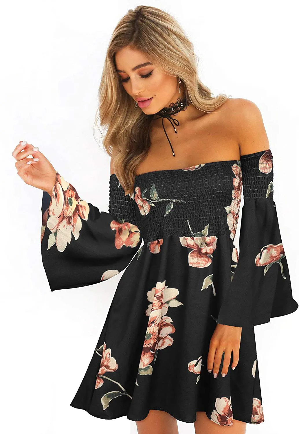 ONEYIM Women's Dress Summer Floral Long Sleeve Off Shoulder Casual Mini Dresses