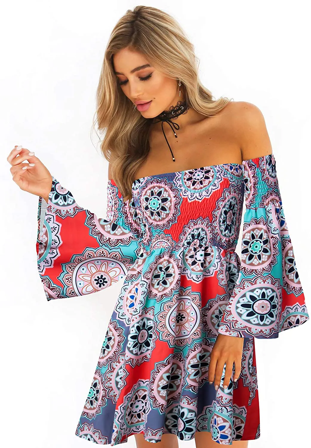 ONEYIM Women's Dress Summer Floral Long Sleeve Off Shoulder Casual Mini Dresses