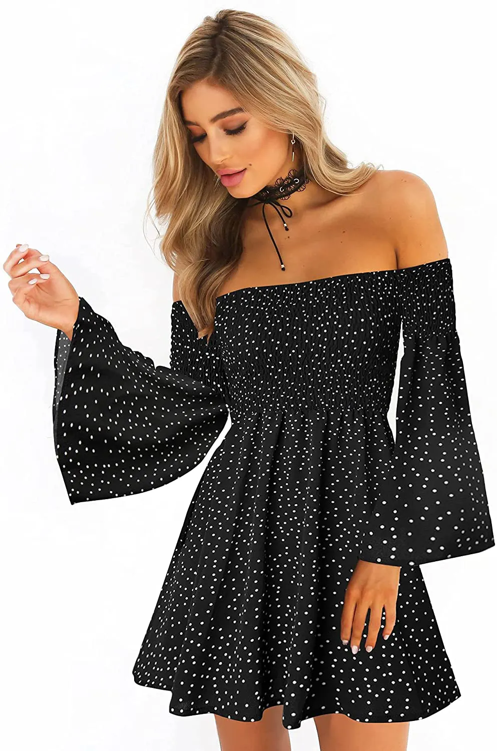 ONEYIM Women's Dress Summer Floral Long Sleeve Off Shoulder Casual Mini Dresses