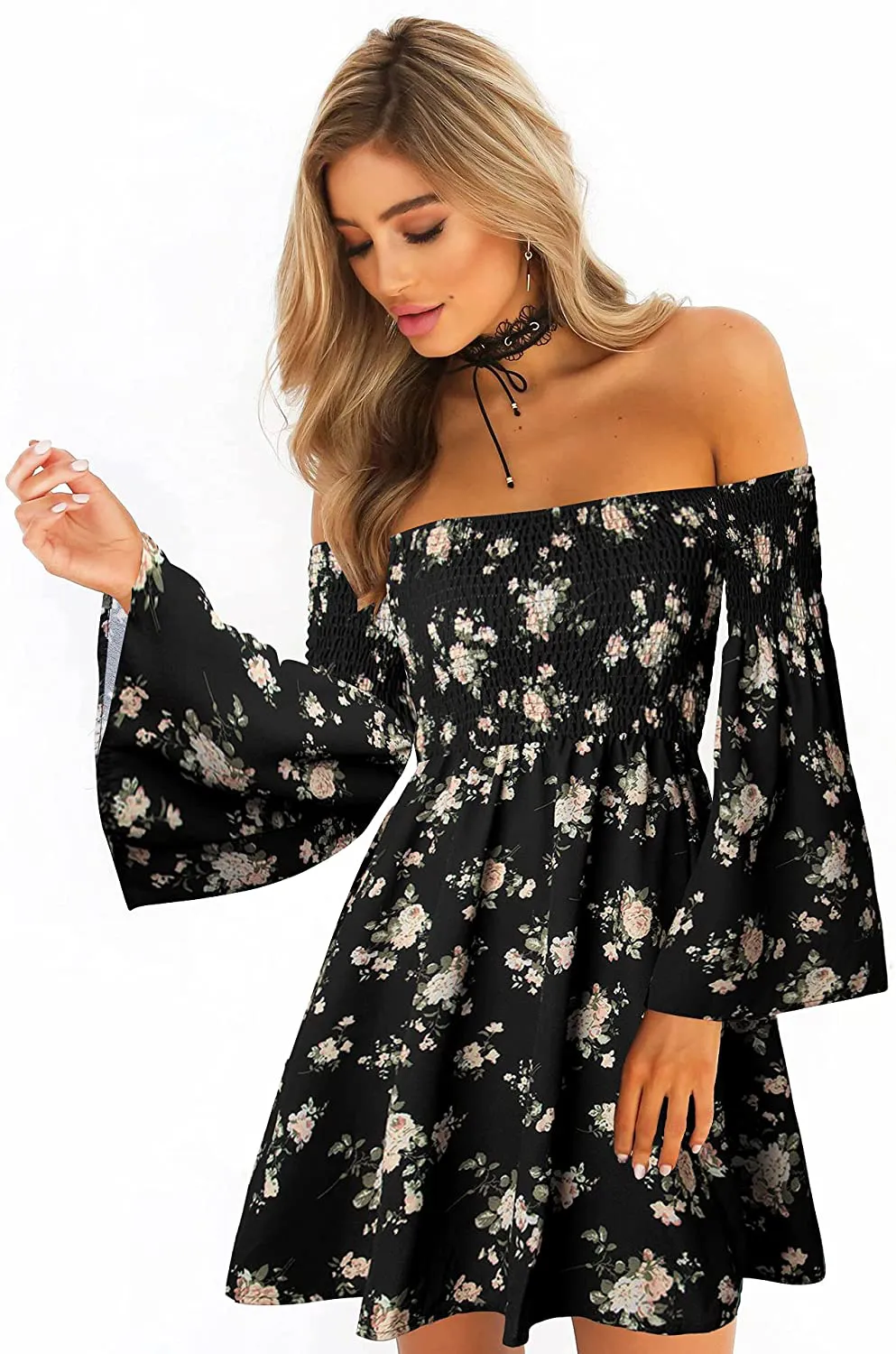 ONEYIM Women's Dress Summer Floral Long Sleeve Off Shoulder Casual Mini Dresses