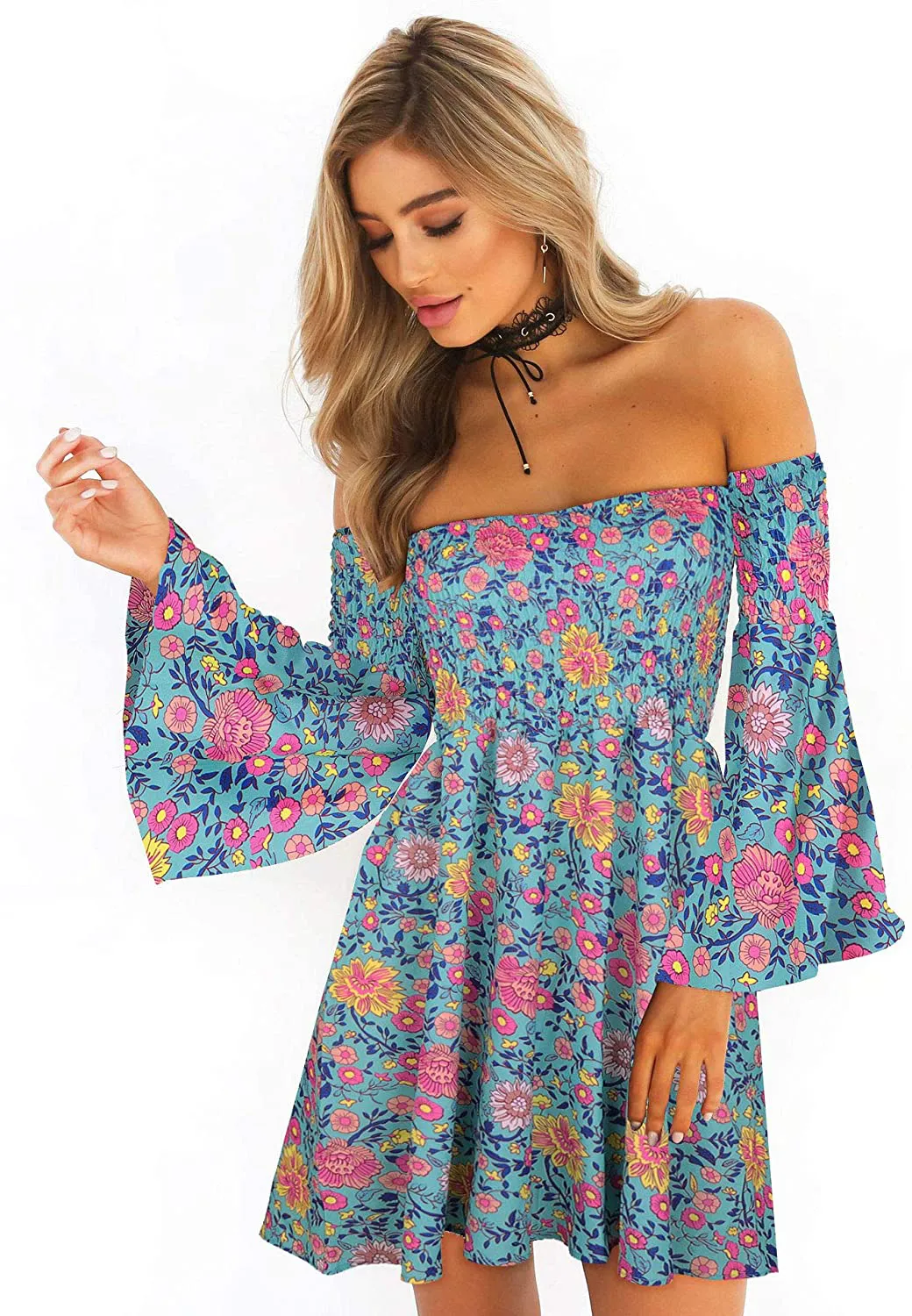 ONEYIM Women's Dress Summer Floral Long Sleeve Off Shoulder Casual Mini Dresses