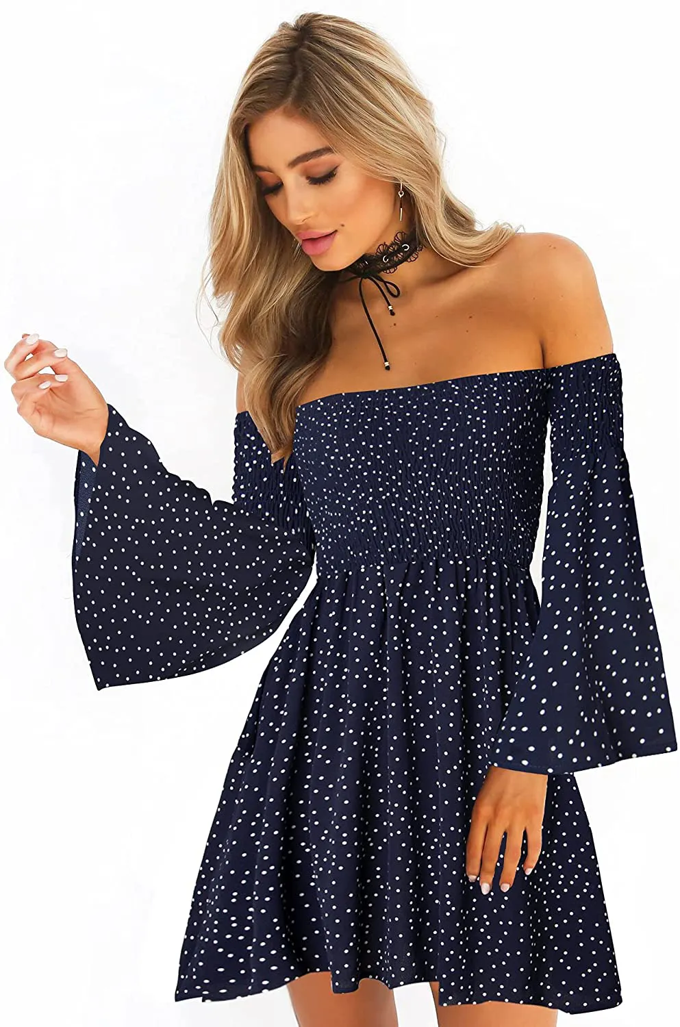 ONEYIM Women's Dress Summer Floral Long Sleeve Off Shoulder Casual Mini Dresses