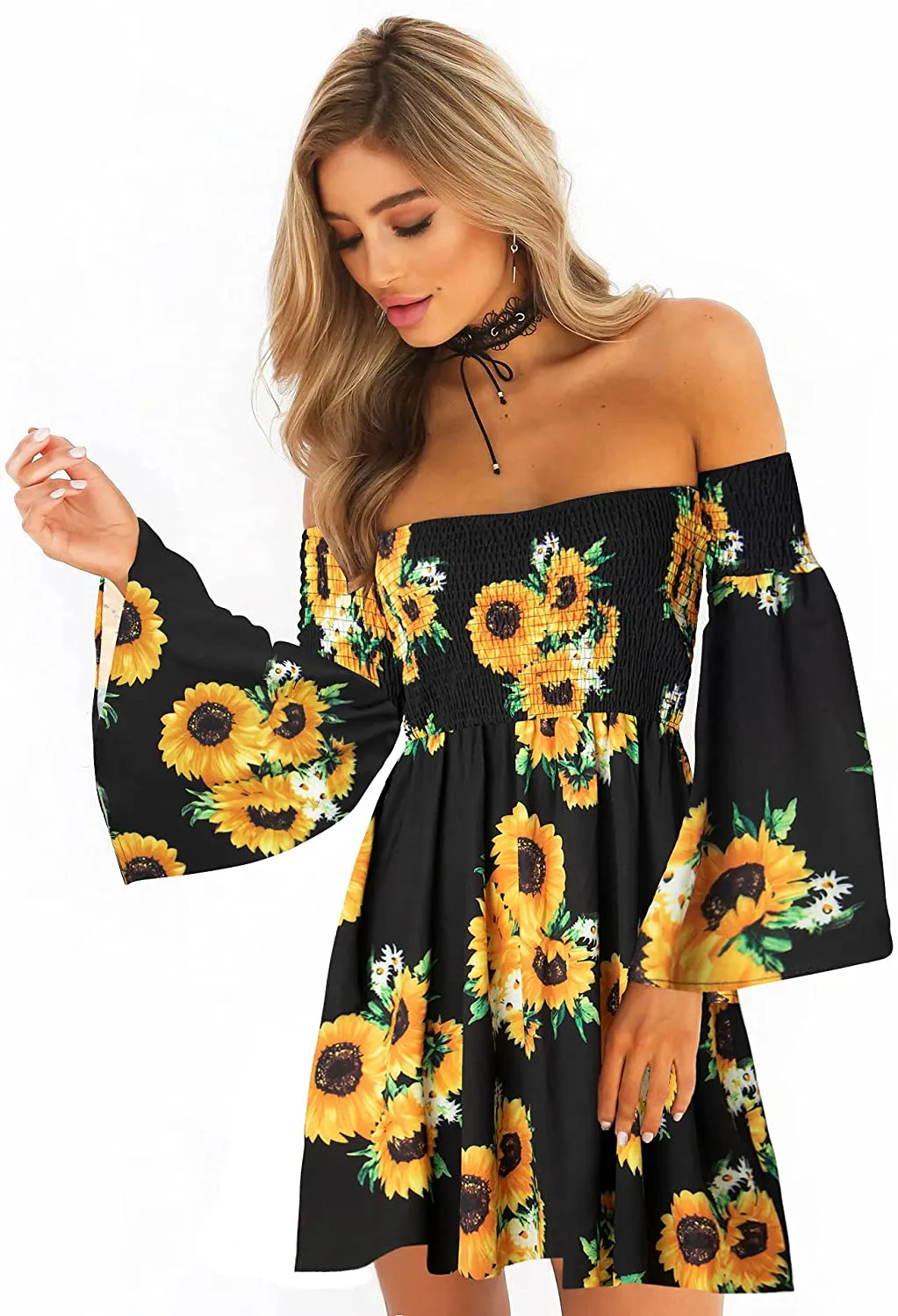 ONEYIM Women's Dress Summer Floral Long Sleeve Off Shoulder Casual Mini Dresses