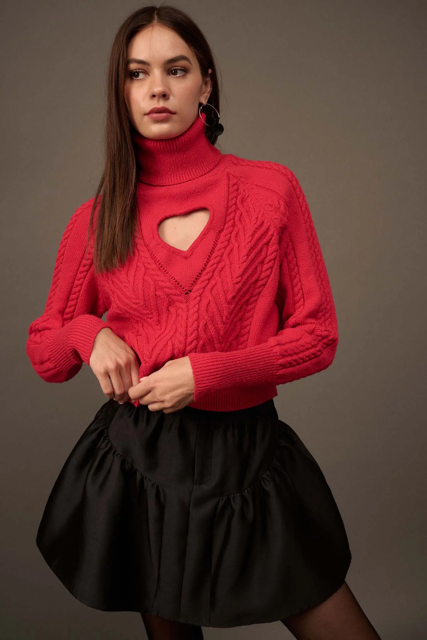 Open Heart Keyhole Cable Knit Turtleneck Sweater