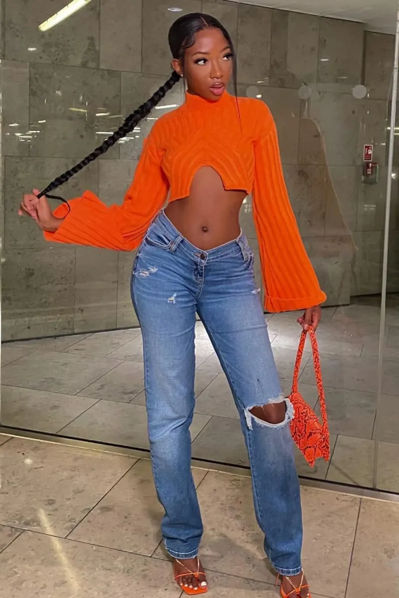 Orange Bell Sleeves Cropped Sweater