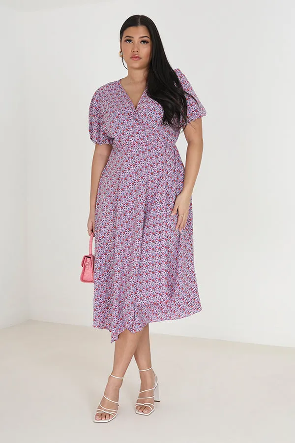 PINK FLORAL PLUS SIZE WRAP FRONT MIDI DRESS