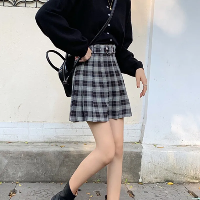 Plaid Pleated Mini Skirts Harajuku Grunge Gothic Streetwear High Waist Retro Dress