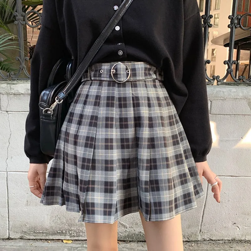 Plaid Pleated Mini Skirts Harajuku Grunge Gothic Streetwear High Waist Retro Dress