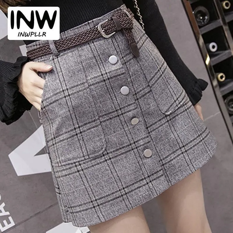 Plaid Skirt Femme Single Breasted Mini Skirt