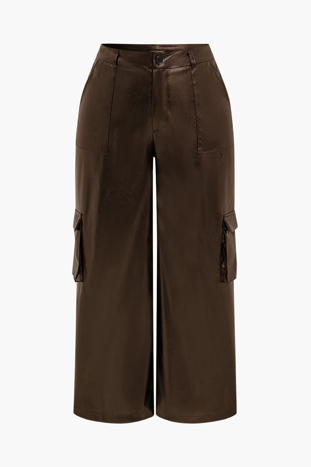 Plus Size Solid Faux Leather Wide Leg Pants with Pockets - Black and Brown