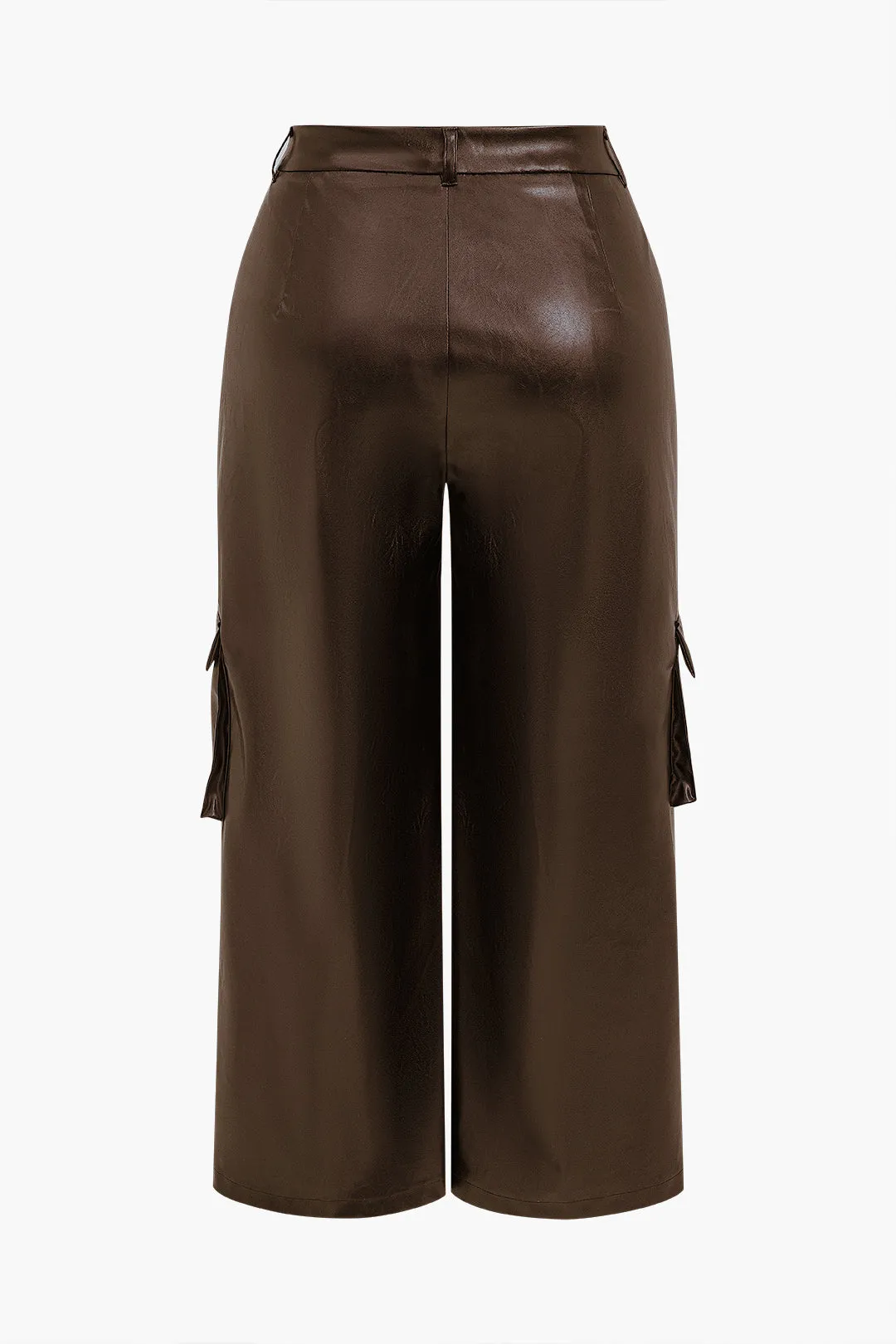 Plus Size Solid Faux Leather Wide Leg Pants with Pockets - Black and Brown