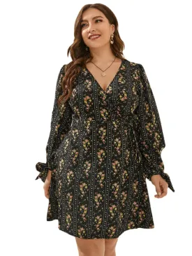 Plus Size V-neck Striped Floral Print Long Sleeves Dress