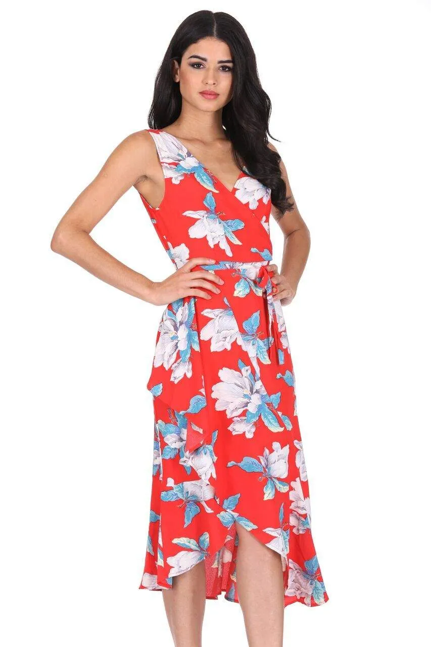 Red Floral Print Sleeveless Wrap Over Dress