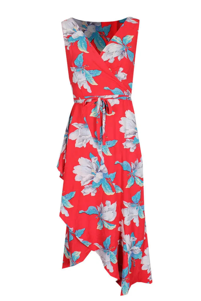 Red Floral Print Sleeveless Wrap Over Dress